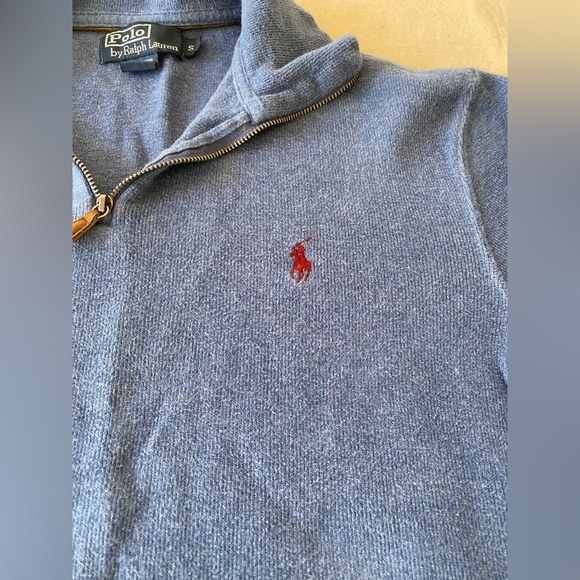 Polo by Ralph Lauren Blue Quarter Zip Sweater Red Logo 100% Cotton Mens Small - Picture 3 of 4